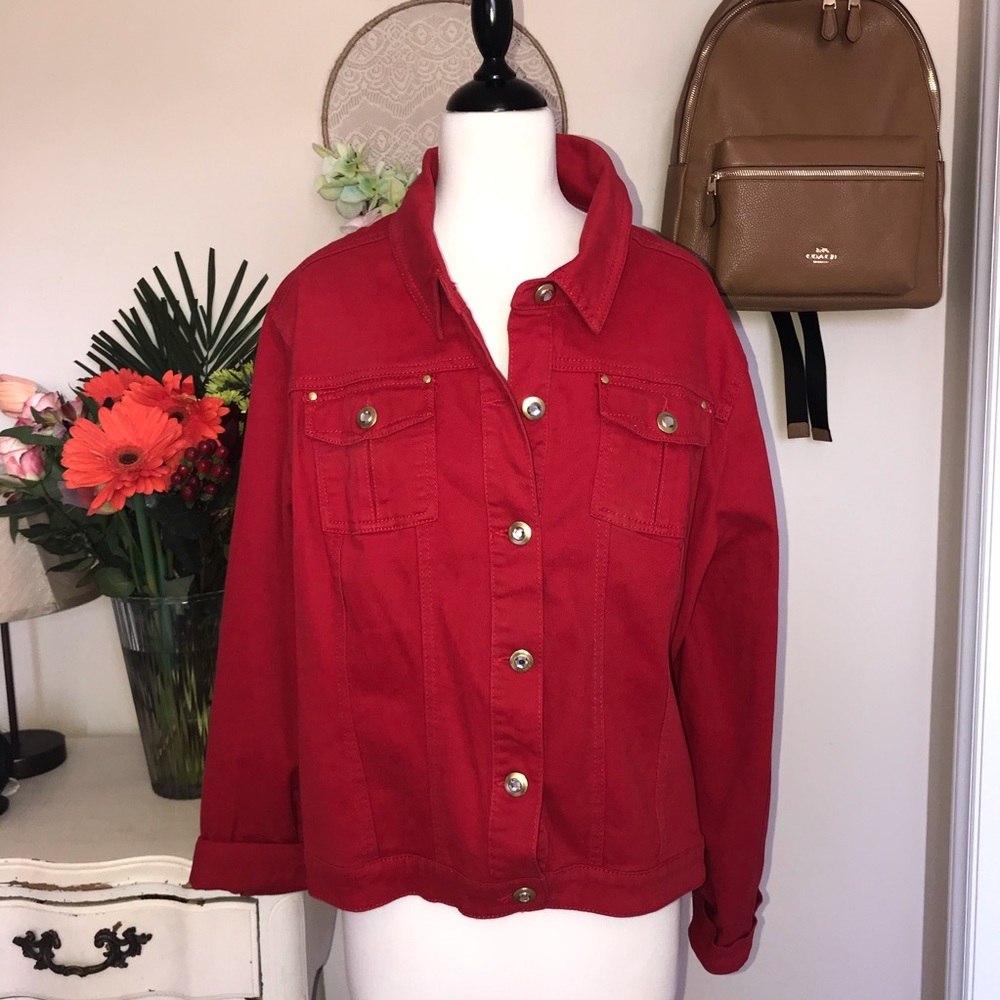 Red denim jacket.